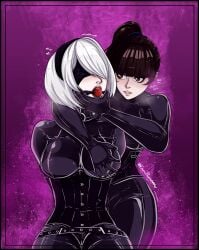 ball_gag blindfold bodysuit enumapneumansfw eve_(stellar_blade) fondling groping heavy_breathing latex nier:_automata red_ball_gag stellar_blade teasing yorha_2b yuri