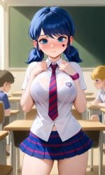 1girls 2girls ai_generated big_breasts blue_eyes blue_hair blush bra chloenette69 classroom desk disney disney_channel eyebrows eyelashes eyeshadow ladybug_(character) large_ass large_breasts looking_at_viewer marinette_cheng marinette_dupain-cheng miniskirt miraculous:_tales_of_ladybug_and_cat_noir miraculous_ladybug school_desk schoolgirl_uniform see-through_top solo_female thick_thighs twintails wristwatch