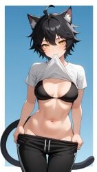 ai_generated bankonit black_hair bra cat_ears cat_tail catgirl freckles freckles_on_face medium_breasts messy_hair midriff pants pants_pull parted_lips shirt_in_mouth shirt_lift short_hair simple_background smile stable_diffusion t-shirt yellow_eyes