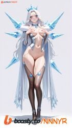 1girls ai_generated big_breasts blue_eyes breast_grab crown from_behind ice ice_crown ice_queen ice_wings nnnyr running_makeup runny_makeup solo stable_diffusion standing stockings throne white_eyebrows white_hair