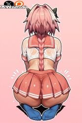 ai_generated astolfo_(fate) astolfo_(saber)_(fate) balls bowtie bubble_butt fate/apocrypha fate/grand_order fate_(series) femboy flat_chest flat_chested gay gay_male gay_sex legwear light-skinned_male light_skin little_penis looking_at_viewer maid_outfit male male_only nipples penis pink_eyes pink_hair shower showering skirt skirt_lift smile smiling smiling_at_viewer thick_thighs tongue xwaifuai yaoi