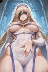 1girls ai_generated big_breasts blindfold blonde_hair blush breasts clothed clothing clowenqq dress female from_below goblin_slayer huge_breasts imminent_masturbation nipples nipples_visible_through_clothing solo solo_female solo_focus standing sword_maiden_(goblin_slayer) wide_hips