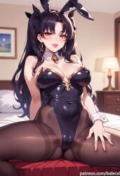 ai_generated animal_ears balecxi bare_shoulders bed black_hair black_leotard blush cleavage covered_navel detached_collar fake_animal_ears fate/grand_order female hair_ribbon highleg highleg_leotard hoop_earrings indoors ishtar_(fate) jewelry lamp large_breasts lips long_hair looking_at_viewer parted_bangs parted_lips patreon_username playboy_bunny rabbit_ears red_eyes sitting smile solo spread_legs strapless strapless_leotard thighband_pantyhose thighs two_side_up wrist_cuffs