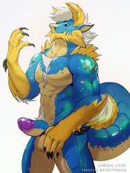 2017 abs anthro balls blue_eyes capcom claws erection fanged_wyvern fur hair horn male male_only monster_hunter muscular muscular_male nude penis scales simple_background solo video_games xuan_sirius zinogre