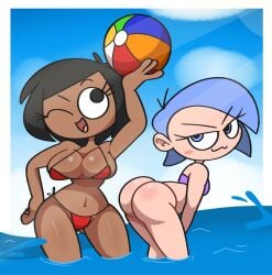 2024 2d 2girls beach beach_ball big_ass big_breasts bikini black_eyes black_hair blue_eyes blue_hair clothing cute dark-skinned_female dark_skin dreamberry_(vilepluff) light-skinned_female light_skin original_character purple_clothing red_clothing rob_(vilepluff) vilepluff wink