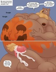 absurd_res anthro balls belly canid canine cock_vore dialogue english_text genitals group hi_res imprint male male/male mammal muscular oral_vore pecs penile penis rub_lug_(furry) size_difference speech_bubble text vore