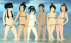 6girls accurate_art_style anaxus avatar_the_last_airbender azula beach belly_button between_toes blind breast calf_muscles dark-skinned_female dark_skin earth_kingdom female_only fire_nation group hairless_pussy holding innie_pussy interracial katara lineup mai_(avatar) multiple_girls naked navel nickelodeon nipples ocean ponytail public pussy short_hair small_breasts smiling standing suki swimsuit toph_bei_fong touching ty_lee water water_tribe