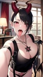 1girls ai_generated big_breasts black_hair blush breasts clothed clothing demon demon_girl demon_horns dressed ear_piercing earring earrings face_focus fangs fangs_out female female_focus female_only hair hair_over_one_eye horns large_breasts looking_at_viewer necklace nose open_mouth pale pale-skinned_female pale_skin panties pentagram pierced_ears red_eyes selfie short_hair solo solo_female solo_focus succubus succubus_horns tank_top thee_voiidness tongue tongue_out topwear_only