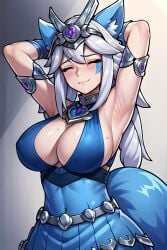 ai_generated animal_ears armpits cleavage closed_eyes closed_mouth dress io_(paladins) paladins silver_hair stable_diffusion sweat