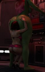 2girls 3d ass big_ass black_widow_(marvel) female gamora green_skin huge_ass lacoux3d marvel red_hair rimming size_difference yuri