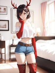 ai_generated antlers black_hair blowjob cute digitalfantasyx elf elf_ears female provocative_pose pussy red_eyes seductive seductive_expression short_hair suggestive sultry teasing usebackdooronly