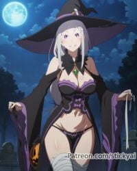 elf emilia_(re:zero) halloween large_breasts night purple re:zero_kara_hajimeru_isekai_seikatsu stickyai white_hair witch_costume