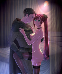 1boy 1girls abs armor batman batman_(series) belt black_bow black_hair bloodriver_akasha blue_eyes bow breasts bruce_wayne cape choker collarbone cosplay crossover dc dc_comics female gloves green_eyes highres hug indoors isaii lamp leg_grab leggings lingerie looking_at_viewer male mask nail_polish nipples nude panties pink_hair ponytail purple_hair pussy rosario+vampire shiny shiny_clothes shiny_hair shiny_skin thighhighs underwear vampire