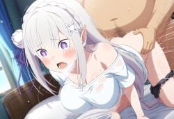 ass big_ass big_breasts doggy_style doggy_style doggy_style_position elf elf_ears elf_female emilia_(re:zero) enjoying fat_man moaning_in_pleasure re:zero_kara_hajimeru_isekai_seikatsu vagina vaginal_penetration vaginal_sex violet_eyes white_hair