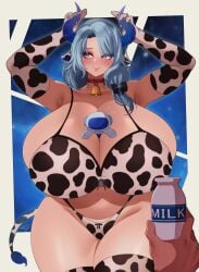 big_breasts bottle_of_milk breasts child_bearing_hips cleavage cow_bell cow_ears cow_horns cow_print cow_tail cowkini hips huge_breasts miilkywayz milk nachocobana stargazer wide_hips