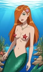 ai_generated ben_10 ben_10_ultimate_alien bigmic145 breasts cleavage female female_focus female_only ginger ginger_hair gwen_tennyson gwen_tennyson_(alien_force) gwen_tennyson_(ultimate_alien) hair_over_one_eye long_hair medium_breasts mermaid mermaid_girl mermaid_tail naked naked_female navel nipple_pasties orange_hair pasties pointy_ears starfish starfish_pasties topless topless_female underwater