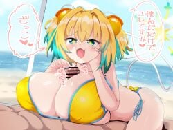 beach big_breasts bikini biped blonde_hair bodily_fluids breast_play breasts censored cleavage clothed clothing cum dialogue female genital_fluids hair heart_symbol huge_breasts humanoid looking_at_viewer male male/female nagashima_l nude open_mouth sex side-tie_bikini string_bikini swimwear tail tailed_humanoid text thick_thighs titjob two-piece_swimsuit yellow_clothing