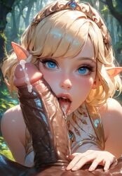 ai_generated bbc big_penis black_penis blowjob blowjob_face brown_penis elf_ears elf_female elf_girl eye_contact huge_cock imminent_oral pov pov_eye_contact