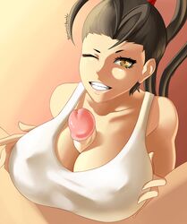 1girls alternate_breast_size big_breasts black_hair breasts cleavage female huge_breasts ibuki_(street_fighter) large_breasts long_hair paizuri sowilo straight street_fighter tank_top titjob uncensored wink yellow_eyes