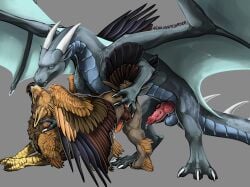 anal anal_fingering anus ass avian balls blue_body blue_eyes blue_membrane blue_scales bodily_fluids claws digitigrade dragon dripping duo erection feathered_wings feathers feral feral_on_feral finger_claws fingering genital_fluids genitals grey_background gryphon horn knot knotted_penis long_neck looking_at_viewer male male/male membrane_(anatomy) membranous_wings mythological_avian mythological_creature mythological_scalie mythology orange_anus orange_body orange_feathers orange_penis penis pink_knot pink_penis precum precum_drip quadruped rorah scales scalie scuted_arms scutes signature simple_background snout threis toe_claws venlightchaser white_claws white_horn wings