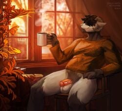 absurd_res anthro autumn bottomless bottomless_male bovid caprine clothed clothing container cup genitals hair hi_res horn humanoid male mammal moynzarek nipples partially_clothed penis russian_text sheep solo tagme text