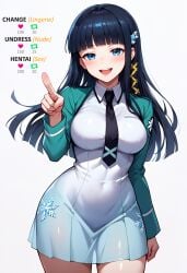 :d ai_generated bangs black_hair black_necktie blue_eyes blunt_bangs blush breasts covered_navel cowboy_shot dress english_text female hair_ornament high_resolution highres hime_cut jacket large_breasts long_hair long_sleeves looking_at_viewer mahouka_koukou_no_rettousei meme necktie open_mouth pointing school_uniform shiba_miyuki simple_background smile snowflake_hair_ornament solo stable_diffusion teeth upper_teeth_only waifuscans418 white_background white_dress