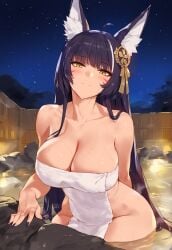 1girls ai_generated azur_lane big_breasts breasts female female_focus female_only fox_ears huge_breasts large_breasts long_hair mature_female musashi_(azur_lane) onsen purple_hair smiling towel yellow_eyes