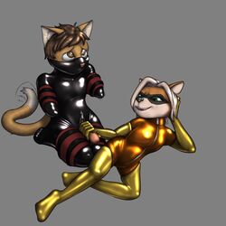 1boy1girl 2017 anthro arm_support armwear bondage boots bound cassidy_(alec8ter) clothed clothing duo elbow_gloves feline female footwear gloves grey_background inner_ear_fluff kneeling leaning_on_elbow legwear lying male mammal milla_martinez_(alec8ter) on_side penis penis_grab raccoon radasus simple_background straight tailwag thigh_high_boots zipper