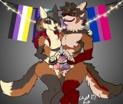 anthro balls bisexual bisexual_pride_colors calico_fox canid canine canis chelfox chelfoxart claws coyote cross_fox duo ear_piercing ear_ring facial_piercing finger_heart fox frenum_ladder frenum_piercing frottage furry genital_piercing genitals hair heart_symbol hi_res ladder_piercing lgbt_pride lip_piercing lip_ring male male/male mammal nipple_piercing nipples nipples_touching nonbinary_pride_colors nose_piercing nose_ring penile penis penis_piercing piercing pride_colors purple_eyes red_fox ring_piercing scrotum_piercing sex skorvold true_fox vincian_pride_colors yellow_eyes