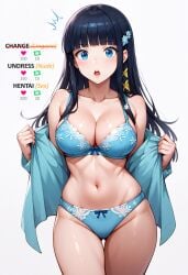 ai_generated ass_visible_through_thighs bangs big_breasts black_hair blue_bra blue_eyes blue_panties blunt_bangs blush bow_panties bra breasts cleavage collarbone cowboy_shot english_text female hair_ornament high_resolution highres large_breasts long_hair looking_at_viewer mahouka_koukou_no_rettousei navel open_clothes open_mouth open_shirt panties shiba_miyuki shirt sidelocks simple_background skindentation snowflake_hair_ornament solo stable_diffusion underwear waifuscans418 white_background