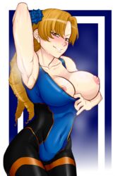 absurdres areolae armpits big_breasts blonde_hair breasts fate/stay_night fate_(series) female female_only flower highres large_breasts leotard looking_at_viewer luviagelita_edelfelt nail_polish nipples red_eyes skin_tight smirk solo tammaro