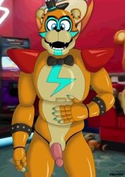 animatronic anthro bear blue_eyes brown_body ciel-wolf clothing erection five_nights_at_freddy's five_nights_at_freddy's:_security_breach genitals glamrock_freddy hat headgear headwear lodged machine male mammal metallic_body penis pink_penis robot scottgames solo solo_male steel_wool_studios