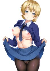 ameno_shigure areolae bangs black_legwear black_necktie blonde_hair blue_eyes blue_skirt blue_sweater braid breasts clothes_lift colored_eyelashes cowboy_shot darjeeling female girls_und_panzer gusset hair_between_eyes half-closed_eyes large_breasts legwear lifted_by_self light_smile long_sleeves looking_at_viewer miniskirt navel necktie nipples pantyhose pleated_skirt school_uniform shigu_(wolfganggw) short_hair skirt sweater sweater_lift tied_hair twin_braids v-neck