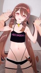 1boy1girl 3d black_choker black_fishnets black_shorts black_thong black_topwear brown_hair choker daddy_kink fishnet_stockings fishnets flower-shaped_pupils genshin_impact golden_penis handholding high_leg_thong holding_hands hoyoverse hu_tao_(genshin_impact) kksallyear koikatsu light-skinned_female light-skinned_male long_hair looking_happy microshorts mihoyo open_mouth open_smile pinned pinned_down pinned_to_bed pov pov_eye_contact red_eyes shorts small_top smiling smiling_at_viewer tagme thong topwear twintails vertical_image very_long_hair