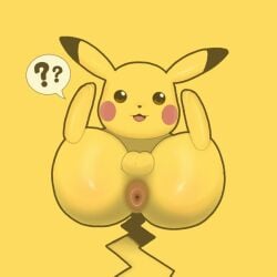 anus ass balls big_butt dulone feral fur generation_1_pokemon genitals looking_at_viewer lying male mammal nintendo open_mouth pikachu pokemon pokemon_(species) question_mark simple_background solo speech_bubble tail thick_thighs wide_hips