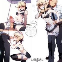 1boy ai_assisted apron artoria_pendragon artoria_pendragon_(alter) artoria_pendragon_(alter)_(swimsuit_rider) bangs bikini black_bikini black_clothes black_dress black_legwear black_swimsuit black_thighhighs blonde_hair blush bow braid breasts clenched_teeth clothing english_language english_text enmaided erection fate/grand_order fate_(series) fellatio female fleshlight footwear frills hair_ornament headdress headwear latbjorn_ai legwear long_hair maid maid_apron maid_bikini maid_headdress male medium_breasts navel open_mouth oral penis ribbon sex sex_toy skirt small_breasts squatting standing straight sweat swimsuit teeth testicles text thighhighs thighs tied_hair tiptoes uniform waist_apron white_apron yellow_eyes