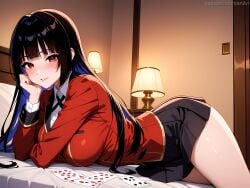 1girls ace_(playing_card) ace_of_hearts ace_of_spades ai_generated anilvl bangs bed bedroom black_hair black_skirt blazer blue_hair blunt_bangs blush breasts card collared_shirt colored_inner_hair door elbow_rest head_rest hime_cut indoors jabami_yumeko jacket kakegurui lamp large_breasts long_hair long_sleeves looking_at_viewer lying miniskirt multicolored_hair neck_ribbon on_bed on_side on_stomach parted_lips pillow playing_card pleated_skirt red_eyes red_jacket red_suit ribbon school_uniform shirt skirt smile solo spade_(shape) thighs white_shirt