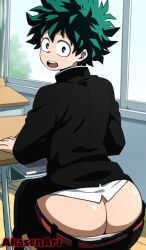 1boy accidental_exposure ai_generated akasenart ass ass_cleavage ass_crack big_ass butt_cleavage butt_crack clueless downpants fat_ass femboy gakuran green_hair izuku_midoriya looking_at_viewer looking_back male_only my_hero_academia oblivious smiling smiling_at_viewer unaware wardrobe_malfunction