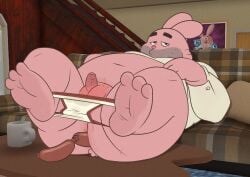 1boy anthro ass balls bara belly cartoon_network fat food genitals hi_res inkyflush lagomorph leporid male male/male male_only mammal meat overweight overweight_male penis rabbit richard_watterson sausage sausage_in_ass solo spreading