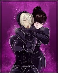 bodysuit breath_play breathplay enumapneumansfw eve_(stellar_blade) fondling groping heavy_breathing inflated latex nier:_automata rebreather stellar_blade suffocation teasing yorha_2b yuri