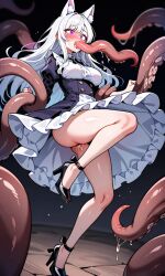 ai_generated dress high_heels ladnezer tentacle tentacle_hold tentacle_mouth white_hair wolf_ears wolf_girl