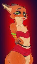 absurd_res anthro ass bisamon bottomwear bulge canid canine clothed clothing crossdressing disney ear_piercing ear_ring femboy fishnet_clothing fishnet_legwear fox hi_res hing legwear lipstick looking_at_viewer makeup male mammal miniskirt nick_wilde piercing red_clothing ring_piercing skirt solo wide_hips zootopia