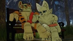 2boys 3d 3d_render animal_ears animal_genitalia animal_penis anthro balls bench consensual day dick forest fur furry gay hand_on_penis handjob highres jerkingoff_another male original_character paw_job penis public roblox robloxian tiger tinkerred variant white_body white_fur woods yellow_body yellow_fur