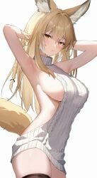 2024 alternate_costume animal_ears arknights armpits arms_up blonde_hair blush breasts cowboy_shot female hi_res large_breasts long_hair looking_at_viewer meme_attire parted_lips sideboob sideless_outfit simple_background solo tail thighhighs thighs usagi_(786113654) virgin_killer_sweater vulpisfoglia_(arknights) white_background yellow_eyes