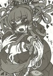 blush breasts colorless hearts_around_head medusa monster_girl monster_girl_encyclopedia open_mouth snake_girl snake_hair white_background