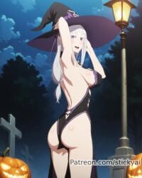 elf emilia_(re:zero) halloween large_breasts night purple re:zero_kara_hajimeru_isekai_seikatsu white_hair witch_costume