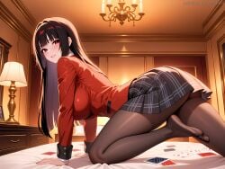 1girls ai_generated all_fours anilvl ass bangs bed black_hair black_pantyhose black_skirt blazer blunt_bangs blush breasts brown_pantyhose card chandelier feet foot_out_of_frame from_side hime_cut indoors jabami_yumeko jacket kakegurui lamp large_breasts legs long_hair long_sleeves looking_at_viewer looking_back looking_to_the_side miniskirt no_shoes on_bed pantyhose parted_lips picture_frame plaid plaid_skirt playing_card pleated_skirt red_eyes red_jacket school_uniform shirt skirt smile soles solo thighband_pantyhose thighs toes