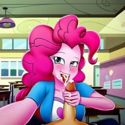 ai_generated cum_in_mouth equestria_girls handjob looking_at_viewer my_little_pony pinkie_pie_(mlp) pov school_background