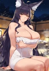 1girls ai_generated azur_lane big_breasts breasts female female_focus female_only fox_ears huge_breasts large_breasts long_hair mature_female musashi_(azur_lane) onsen purple_hair smiling towel yellow_eyes