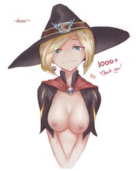 alternate_costume areolae blonde_hair blue_eyes breasts female female_only mercy nipples otonaru overwatch solo text witch_hat witch_mercy